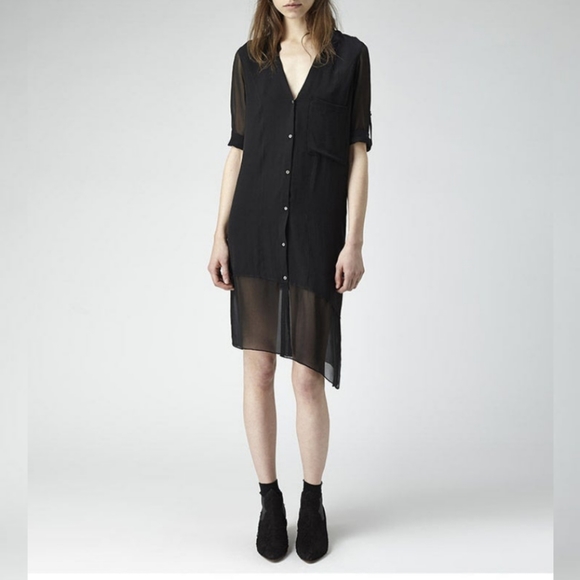 Helmut Lang Black Ghost Silk Chiffon Sheer Asymmetrical Shirt Dress M - Picture 2 of 4